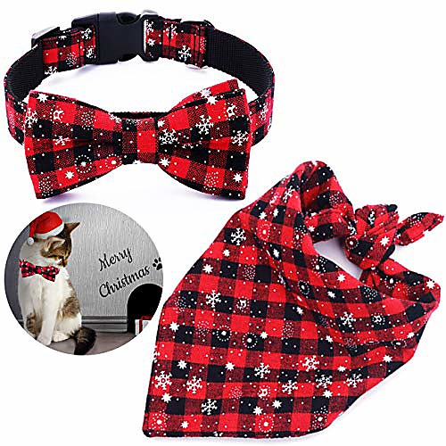 

dog bandana and collar set pet christmas classic plaid snowflake dog scarf triangle bibs kerchief adjustable collars with bow tie pet costume accessories decoration for cats dogs pets (small)