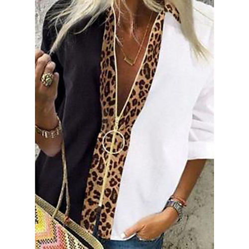

Women's Blouse Shirt Color Block Leopard Cheetah Print Long Sleeve Zipper Patchwork Zip Up V Neck Tops Basic Basic Top White / Black Leopard Black