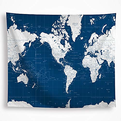 

world map tapestry wall hanging navy blue white painting geography ocean nautical decoration blanket wall art for dorm bedroom living room office home decor 51x59