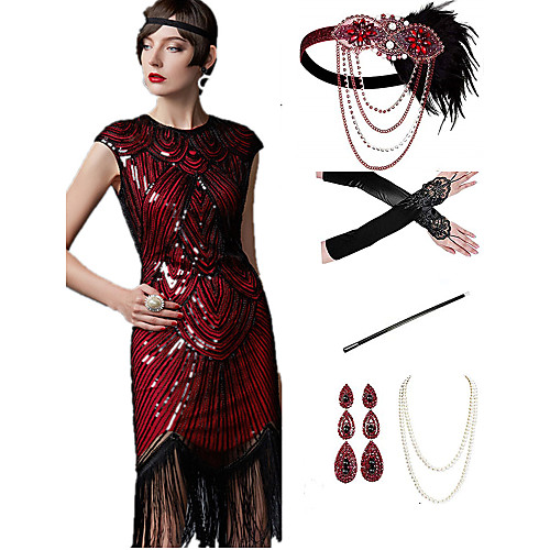 

The Great Gatsby 1920s Vintage Vacation Dress Flapper Dress Outfits Masquerade Prom Dress Women's Tassel Fringe Costume RedBlack / RedGolden / Coral Red Vintage Cosplay Party Prom / Body Jewelry