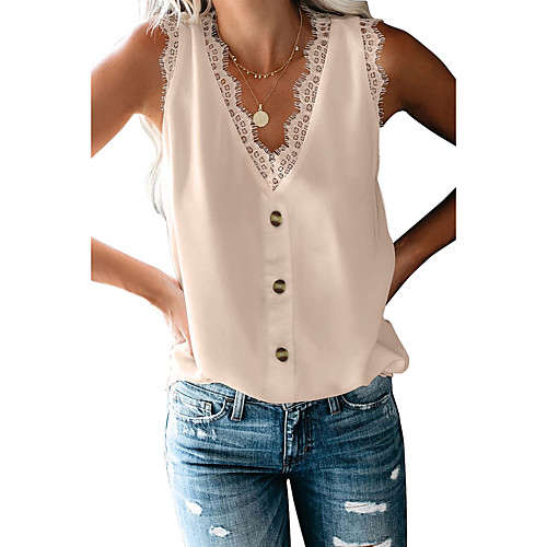 

Women's Tank Top Solid Colored Lace Trims Button V Neck Tops Basic Basic Top White Black Blushing Pink