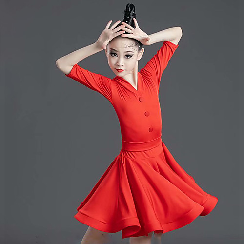 

Latin Dance Dress Side Draping Ruching Solid Girls' Training Performance Half Sleeve Polyester
