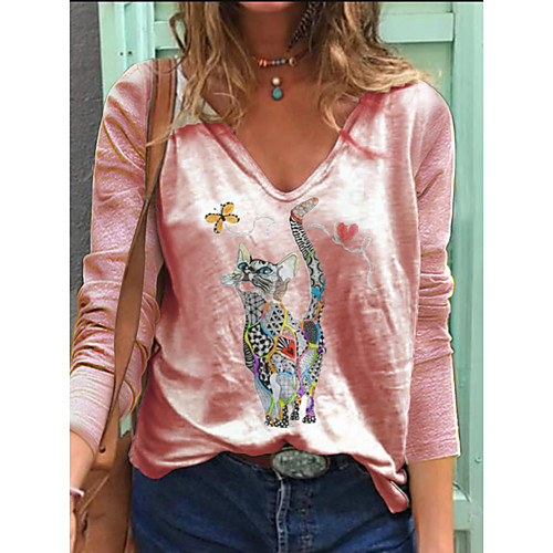 

Women's T shirt Cat Long Sleeve Print V Neck Tops Cotton Basic Basic Top White Blue Blushing Pink