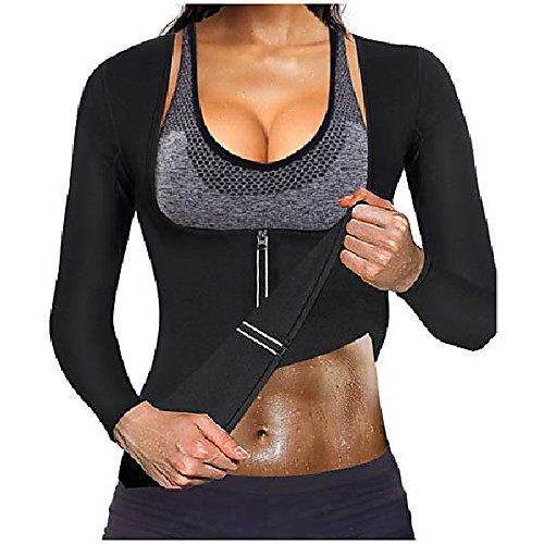 

women waist trainer hot neoprene shirt sauna suit sweat body shaper jacket top zipper long sleeve(black, xxx-large)