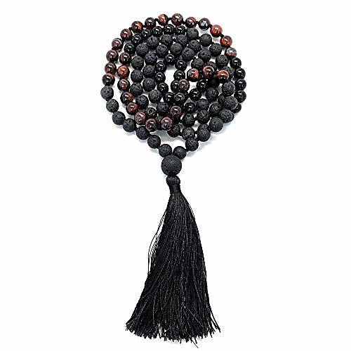

108 bead mala necklace & bracelet with tassel 8mm stone beads - strand 108 beads necklace for mindfulness & yoga (red tiger eye lava stone)