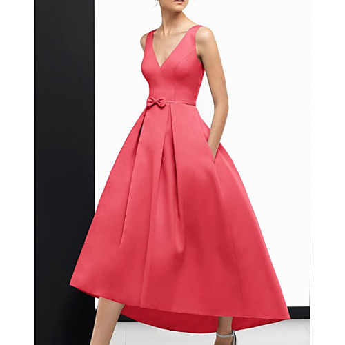 

A-Line Vintage Sexy Wedding Guest Formal Evening Dress V Neck Sleeveless Ankle Length Satin with Sleek Bow(s) 2021