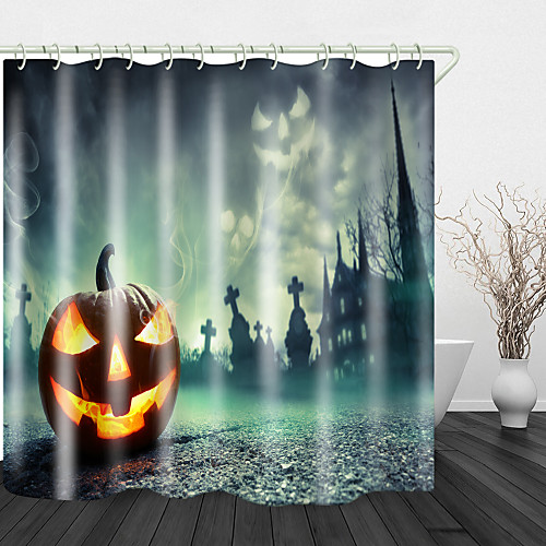 

Halloween Castle Evil Pumpkin Digital Printing Shower Curtain Shower Curtains & Hooks Modern Polyester New Design