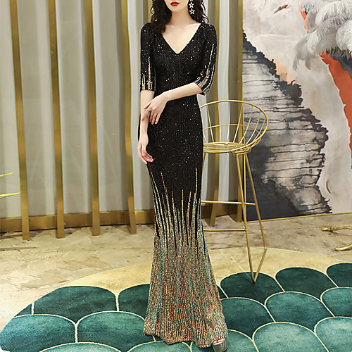 

Mermaid / Trumpet Color Block Sparkle Wedding Guest Formal Evening Dress V Neck Half Sleeve Floor Length Sequined with Sequin 2021