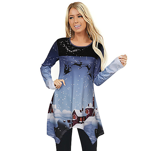 

Women's T shirt Galaxy Long Sleeve Flowing tunic Print Round Neck Tops Basic Christmas Basic Top Gray