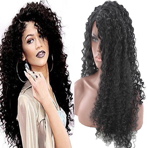 

Synthetic Wig Afro Jerry Curl Asymmetrical Wig Long Black Synthetic Hair 24 inch Women's Classic Exquisite Fluffy Black
