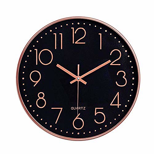 

rose gold black silent wall clock, 12 inch no ticking quartz clock 3d numbers battery operated round easy to read modern wall clock decor for kitchen, school, living room,bedroom,office