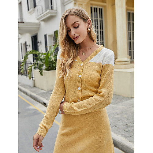 

Women's Basic Knitted Color Block Cardigan Long Sleeve Sweater Cardigans Open Front Fall Winter Yellow