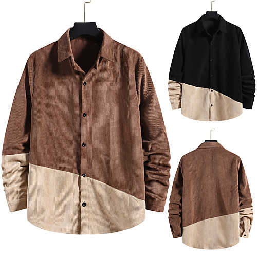 

Men's Shirt non-printing Color Block Plus Size Patchwork Long Sleeve Daily Tops Corduroy Elegant Vintage Black Brown