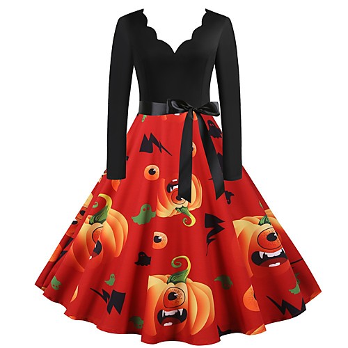 

Women's Halloween A Line Dress Knee Length Dress Black Blue Purple Red Blushing Pink Long Sleeve Pumpkin Bat Print Print Fall Round Neck Hot Vintage 2021 S M L XL XXL 3XL