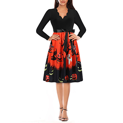 

Women's A Line Dress Knee Length Dress Red Long Sleeve Print Patchwork Print Fall Summer V Neck Hot Elegant Casual Halloween 2021 S M L XL XXL 3XL