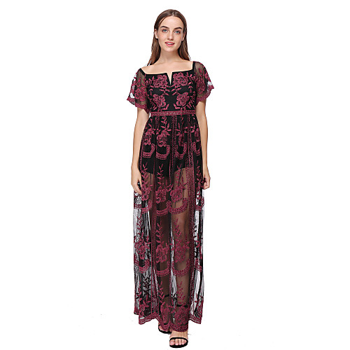 

Sheath / Column Minimalist Boho Holiday Party Wear Dress Scoop Neck Short Sleeve Floor Length Lace with Pattern / Print 2021