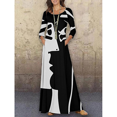 

Women's Swing Dress Maxi long Dress - 3/4 Length Sleeve Print Fall Casual Hot vacation dresses Loose 2020 White Red Royal Blue M L XL XXL 3XL 4XL 5XL
