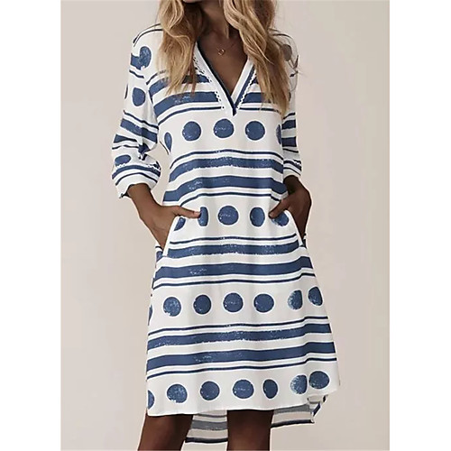 

Women's A Line Dress Knee Length Dress Blue Long Sleeve Print Print Fall Summer V Neck Work Hot Elegant Cotton 2021 S M L XL XXL