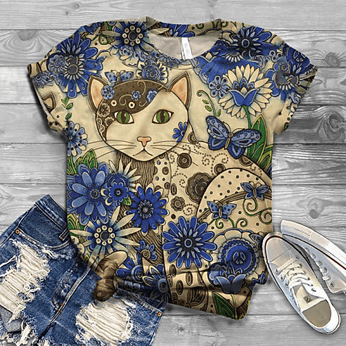 

Women's Blouse Shirt Animal Round Neck Tops Cotton Basic Top Black Blue Purple