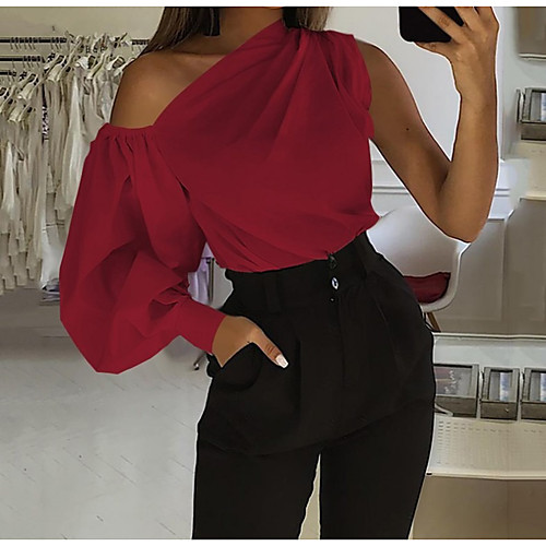 

Women's Blouse Shirt Solid Colored Long Sleeve Patchwork Off Shoulder Tops Sexy Basic Top White Black Red