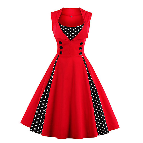 

A-Line Elegant Vintage Party Wear Cocktail Party Valentine's Day Dress Scoop Neck Sleeveless Knee Length Spandex with Buttons Pleats 2021