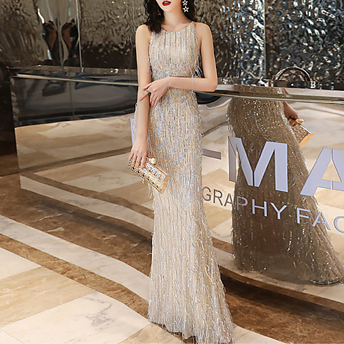 

Mermaid / Trumpet Beautiful Back Sparkle Engagement Formal Evening Dress Jewel Neck Sleeveless Floor Length Spandex Sequined with Sequin 2021