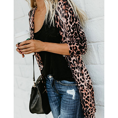 

Women's Leopard Print Fall Jacket Long Long Sleeve Flannel Coat Tops Brown