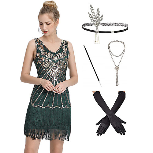 

The Great Gatsby 1920s Vintage Vacation Dress Flapper Dress Outfits Masquerade Prom Dress Women's Tassel Fringe Costume Black / Green Vintage Cosplay Party Prom / Gloves / Headwear / Necklace