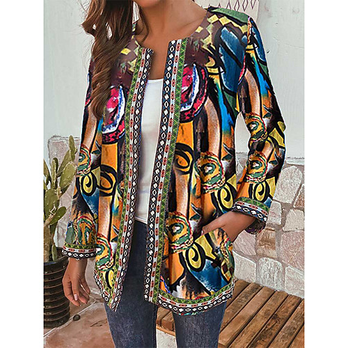 

Women's Geometric Print Basic Spring & Fall Coat Long Daily Long Sleeve Polyster Coat Tops Blue