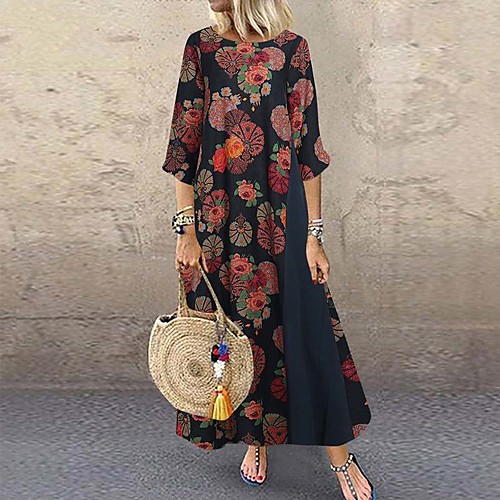 

Women's Shift Dress Maxi long Dress Wine Gold Dusty Blue Half Sleeve Print Patchwork Fall Spring Round Neck Hot Vintage Cotton Linen M L XL XXL 3XL 4XL 5XL