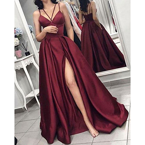 

A-Line Minimalist Sexy Wedding Guest Formal Evening Dress V Neck Sleeveless Floor Length Satin with Split 2021