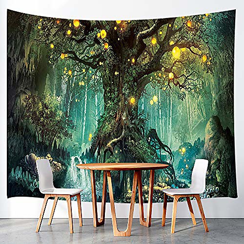 

fantasy decor tapestry wall hanging, tree of life and waterfall with elf, polyester fabric wall tapestry for home living room bedroom dorm decor 80w x 60l inches