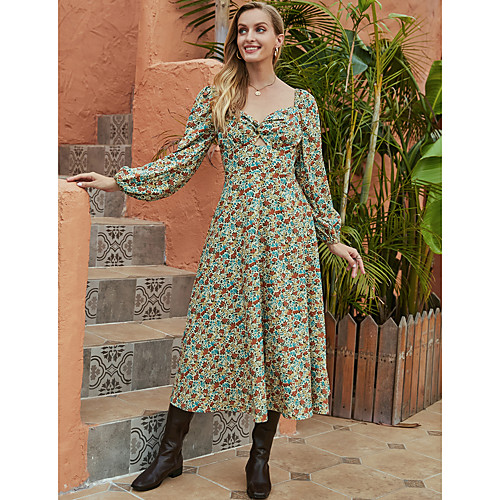 

Women's Swing Dress Midi Dress Green Long Sleeve Floral Ruched Print Fall Winter V Neck Elegant Casual Lantern Sleeve 2021 S M L XL