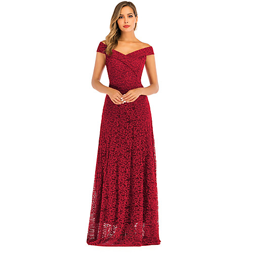 

A-Line Minimalist Elegant Party Wear Formal Evening Dress Off Shoulder Sleeveless Floor Length Lace with Pleats 2021