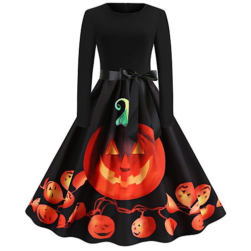 

Women's Halloween A Line Dress Knee Length Dress Black Orange Sleeveless Pumpkin Print Patchwork Bow Print Summer Round Neck Hot Vintage 2021 S M L XL XXL