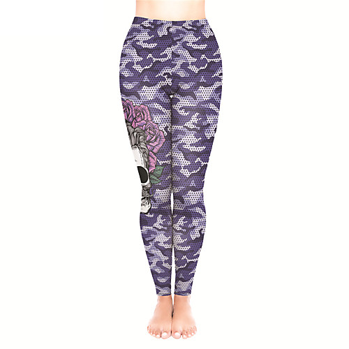 

Women's Sporty Yoga Comfort Plus Size Skinny Halloween Leggings Pants Floral Skull Ankle-Length High Waist Purple