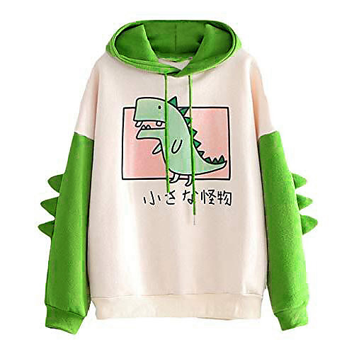 

women's teen girls cute dinosaur long sleeve hoodies casual loose sweaters hooded sweatshirts pullover tops shirts green