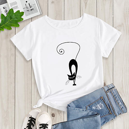 

Women's Going out T-shirt Cat Print Round Neck Tops Basic Basic Top White
