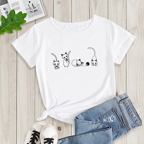 

Women's Going out T-shirt Cat Print Round Neck Tops Basic Basic Top White