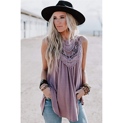 

Women's Tank Top Solid Colored Lace Patchwork Round Neck Tops Loose Basic Basic Top Purple Green