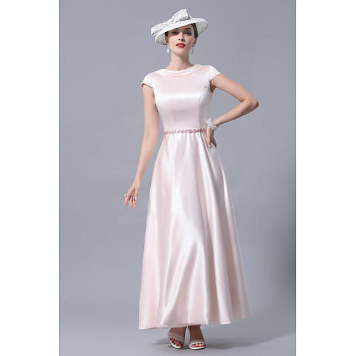 

A-Line Mother of the Bride Dress Plus Size Cowl Neck Ankle Length Satin Short Sleeve with Crystals 2021