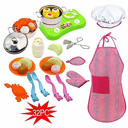 

kids cooking and baking chef set - 32 pcs chef role play costume set play kitchen toys pretend cooking toy cookware playset