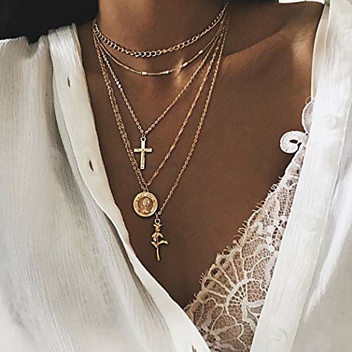 

holy necklace religious virgin mary cross rose charms pendant long necklace jewelry for women and girls (silver)