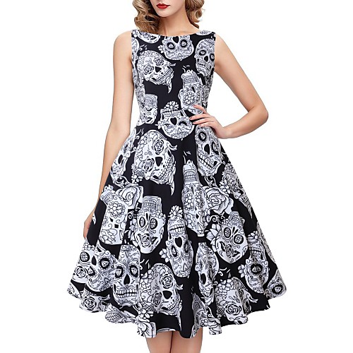 

Women's Halloween A Line Dress Knee Length Dress White Sleeveless Skulls Print Print Fall Round Neck Hot Vintage 2021 S M L XL XXL