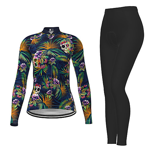 

Women's Long Sleeve Cycling Jersey with Tights Winter Dark Navy Skull Floral Botanical Bike Moisture Wicking Quick Dry Breathable Sports Skull Mountain Bike MTB Road Bike Cycling Clothing Apparel