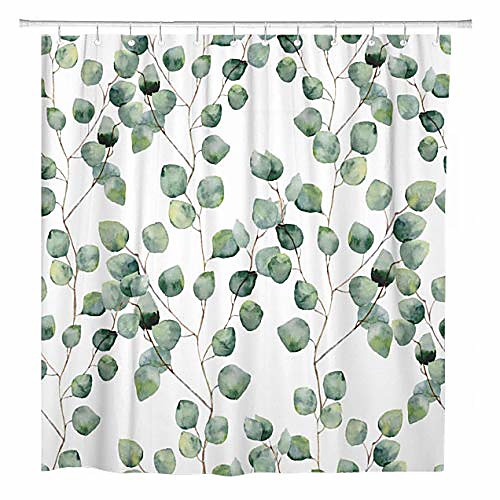 

Shower Curtain Water Proof Color Green Floral Eucalyptus Leaves Pattern Branches Home Bathroom Decor Polyester Fabric Mildew Resistant 72 x 72 In Set With Hooks