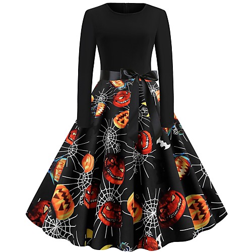 

Women's Halloween A Line Dress Knee Length Dress Black Blue Wine Long Sleeve Pumpkin Spider Print Bow Print Fall Round Neck Hot Vintage 2021 S M L XL XXL