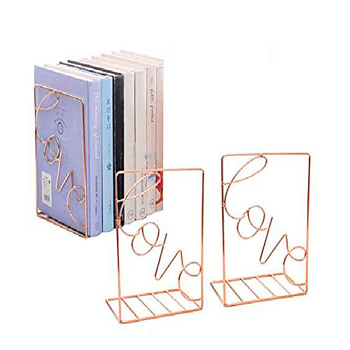 

metal bookends 1 pair, love sign modern decorative bookend bookshelf, vertical folder, magazine storage rack & #40;rose gold& #41;
