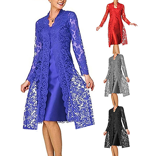 

Women's Lace Knee Length Dress - Long Sleeve Solid Colored Lace Spring Fall V Neck Plus Size For Mother / Mom Going out Satin 2020 Black Blue Red Gray S M L XL XXL XXXL XXXXL XXXXXL