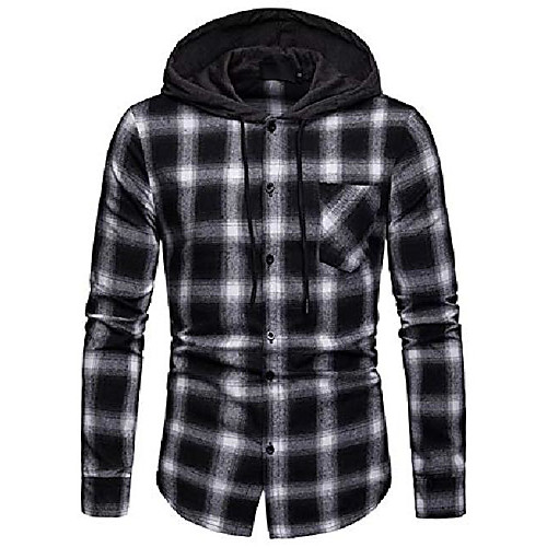 

men's long sleeve hoodie plaid flannel button down shirt ba0245-black-xl